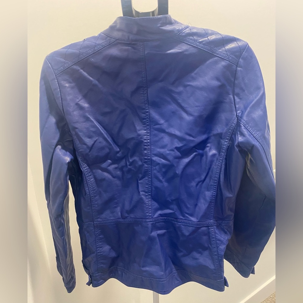Reitmans Blue Faux Leather Moto Jacket Size Large Biker Style Zip Up - Picture 5 of 13